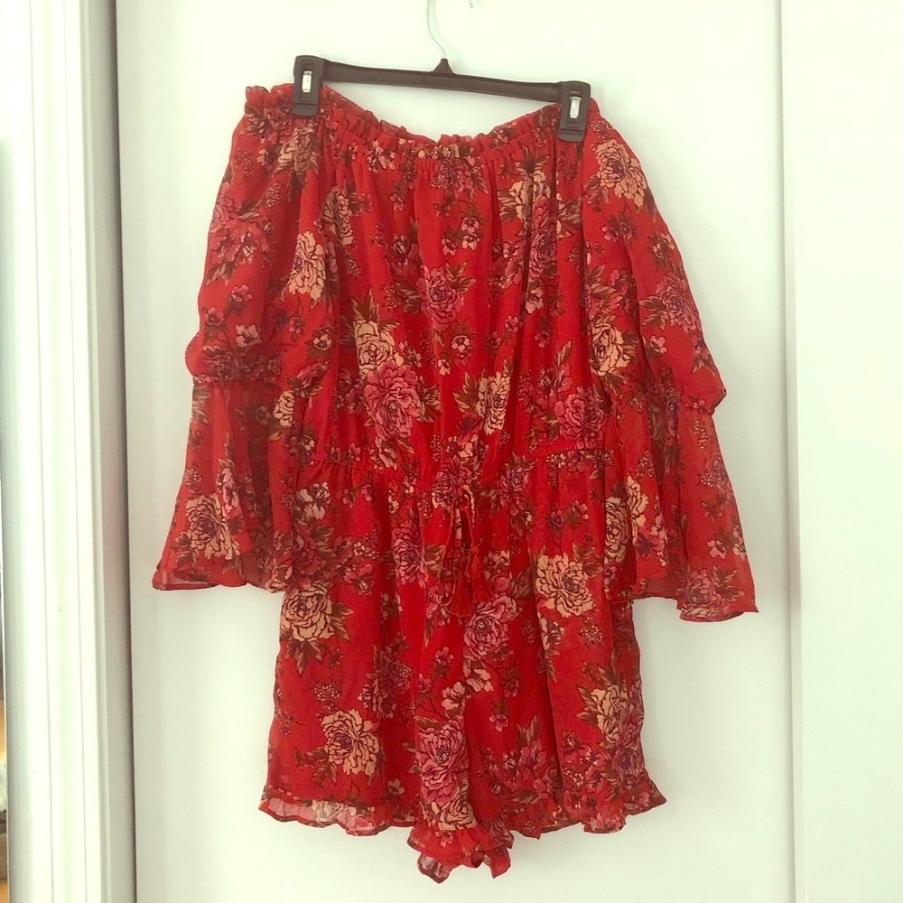 Red floral off-the-shoulder flowy summer romper